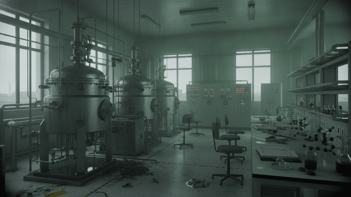 An abandoned pharmaceutical laboratory featuring large, rusted chemical reactors, a control panel, and a cluttered workbench with glassware.