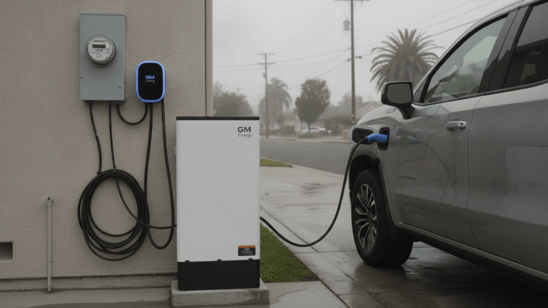 A white GM Energy power unit and charger are installed on the side of a stucco house, connected to a parked silver electric pickup truck.