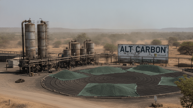 An aerial, slightly oblique view of an industrial carbon removal facility in a dusty, rural Indian landscape.