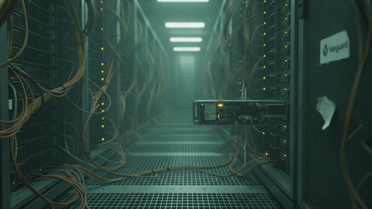 A dimly lit server room corridor with a prominent server rack displaying "VTWO" and "Vanguard" branding.