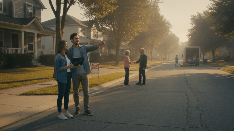 A young couple stands on a tree-lined suburban street with a "For Sale" sign in the foreground and a moving truck in the distance.