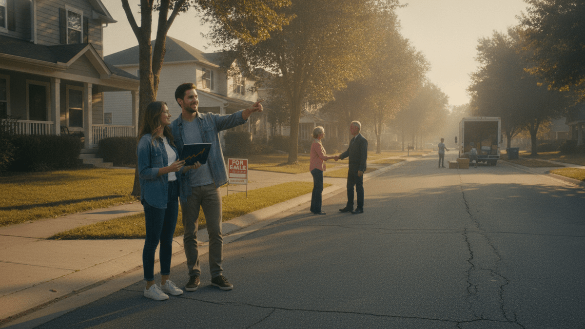 A young couple stands on a tree-lined suburban street with a "For Sale" sign in the foreground and a moving truck in the distance.