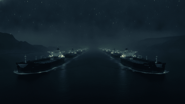 A wide shot of two lines of large oil tankers moving in opposite directions through a dark, calm body of water at night. The tankers' navigation lights illuminate their hulls with a green glow, and distant mountains are visible under a starry sky.