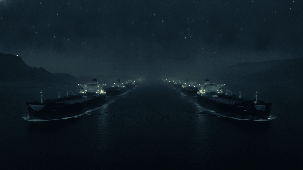 A wide shot of two lines of large oil tankers moving in opposite directions through a dark, calm body of water at night. The tankers' navigation lights illuminate their hulls with a green glow, and distant mountains are visible under a starry sky.