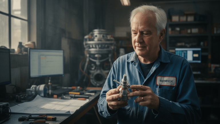 A man in a blue work shirt with a "SpaceX" patch holds a small, intricate rocket part, surrounded by tools and machinery.