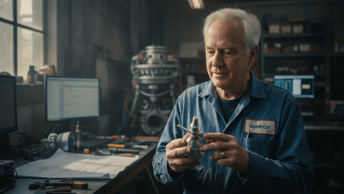 A man in a blue work shirt with a "SpaceX" patch holds a small, intricate rocket part, surrounded by tools and machinery.