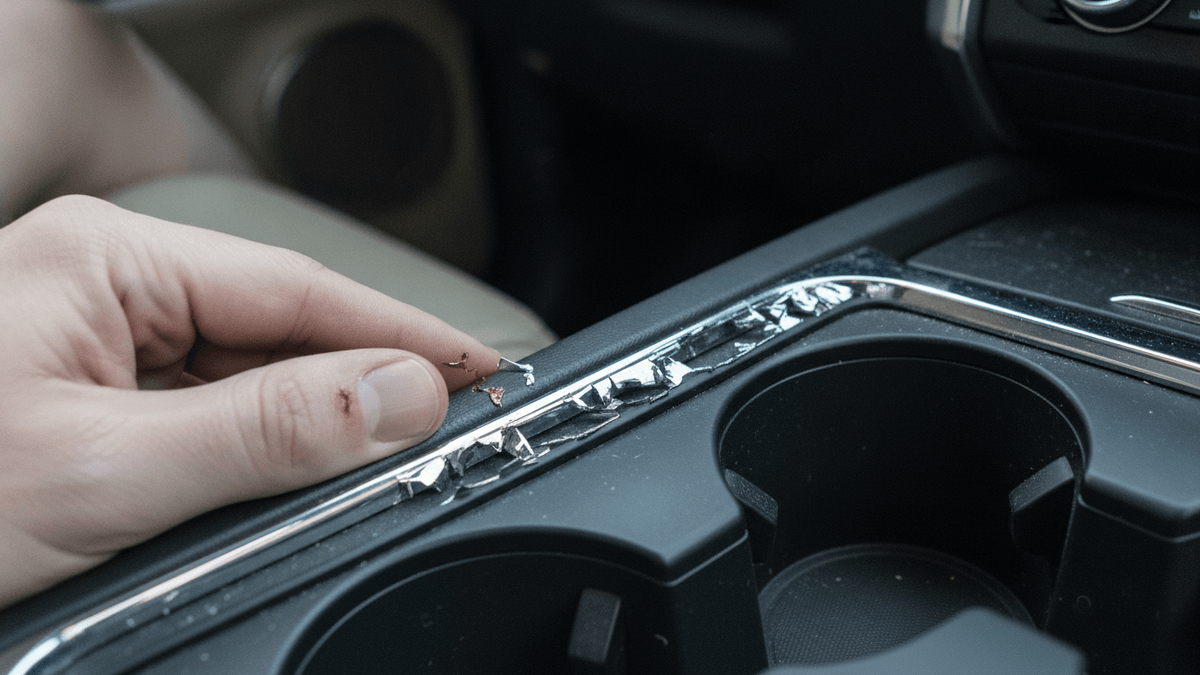 A human hand with a small amount of blood on the fingertip touches the peeling chrome trim of a car's center console.