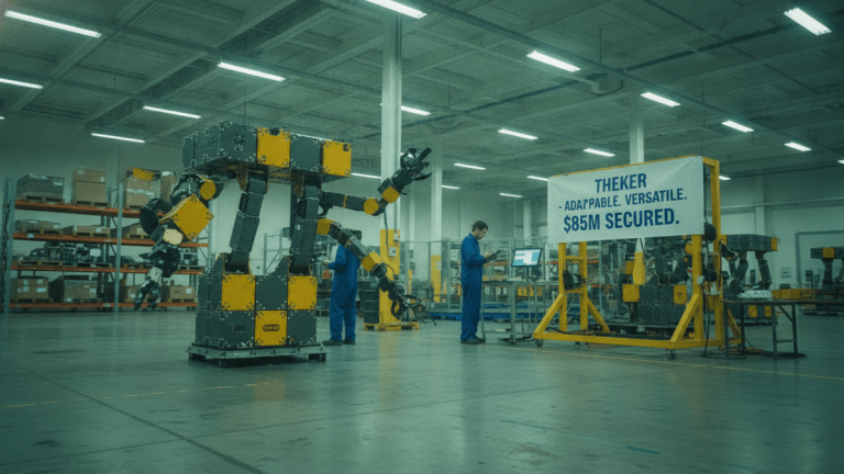A large, modular yellow and black robot stands in a factory while two engineers observe smaller robotic arms.