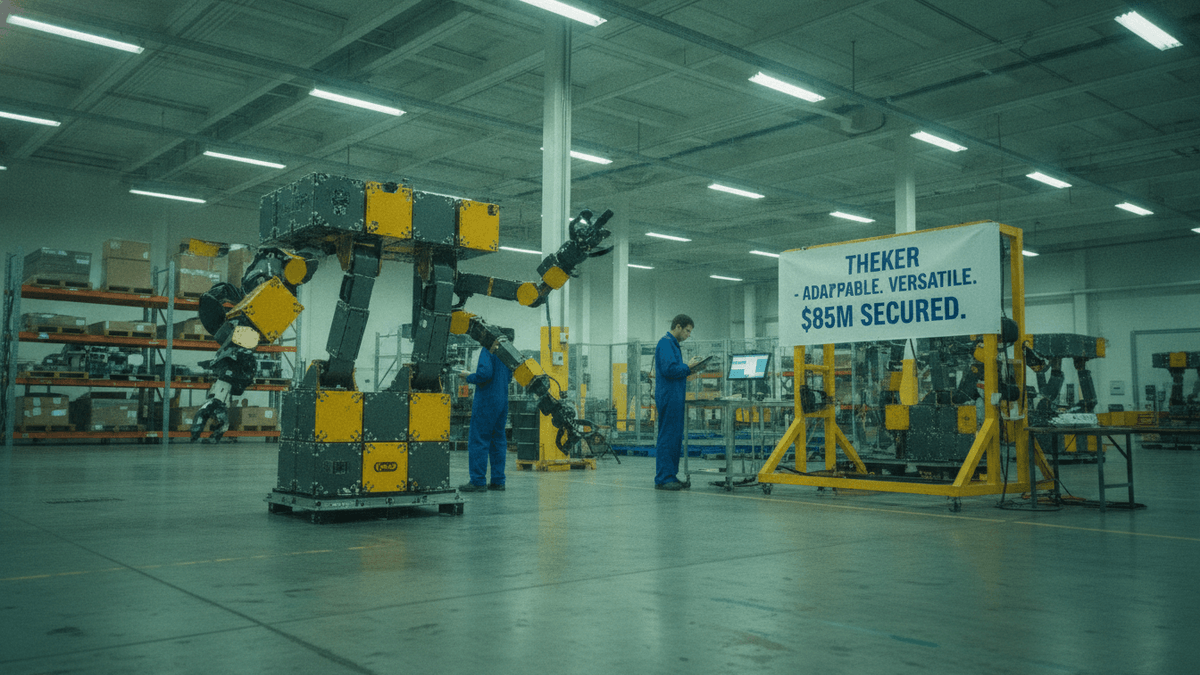 A large, modular yellow and black robot stands in a factory while two engineers observe smaller robotic arms.