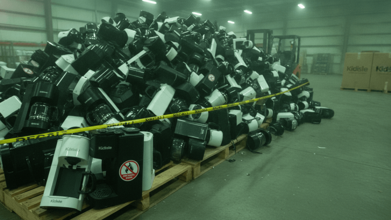 A large pile of black and white Kidisle coffee makers on wooden pallets in a warehouse, taped off by yellow caution tape.