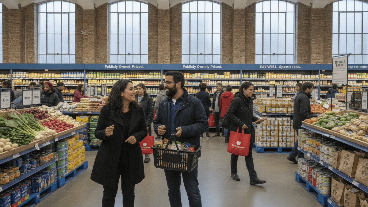 Wide shot of a brightly lit, modern grocery store with high ceilings and large windows, bustling with diverse shoppers.