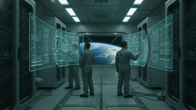 Three engineers in grey jumpsuits with a bird logo on the back, facing holographic displays showing data in a server room, with Earth visible through a window.