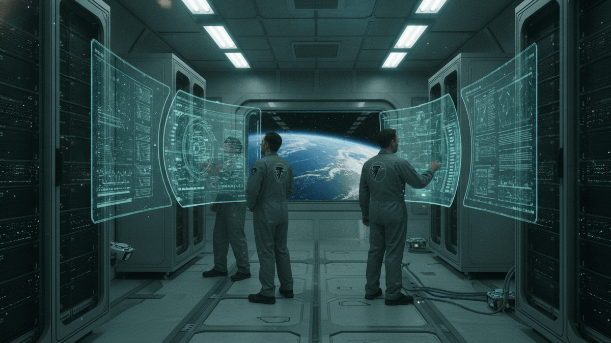 Three engineers in grey jumpsuits with a bird logo on the back, facing holographic displays showing data in a server room, with Earth visible through a window.