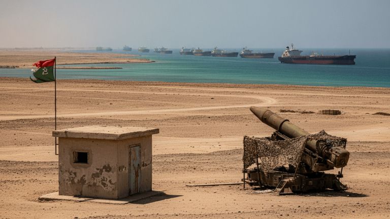 A desert landscape with a small concrete bunker and a camouflaged anti-ship missile launcher in the foreground. In the background, numerous cargo ships line the horizon of a calm, blue strait. An Iranian flag flies from a pole next to the bunker.