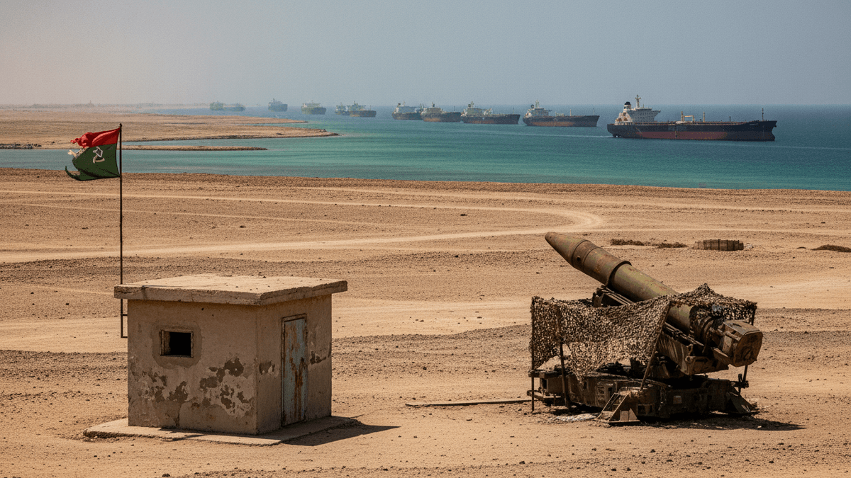 A desert landscape with a small concrete bunker and a camouflaged anti-ship missile launcher in the foreground. In the background, numerous cargo ships line the horizon of a calm, blue strait. An Iranian flag flies from a pole next to the bunker.
