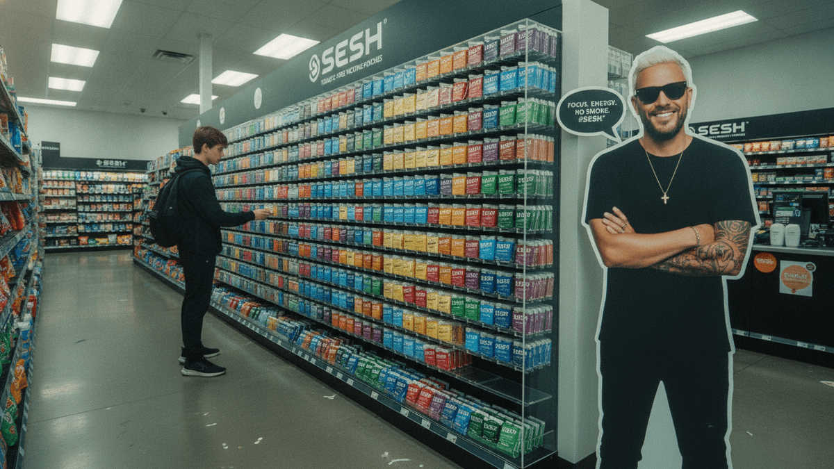 A young man with a backpack inspects colorful SESH nicotine pouch display while a cardboard cutout of Diplo smiles beside it.