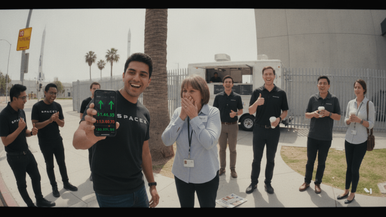 A group of SpaceX employees reacting with excitement on a sidewalk, one holding up a phone displaying stock figures.