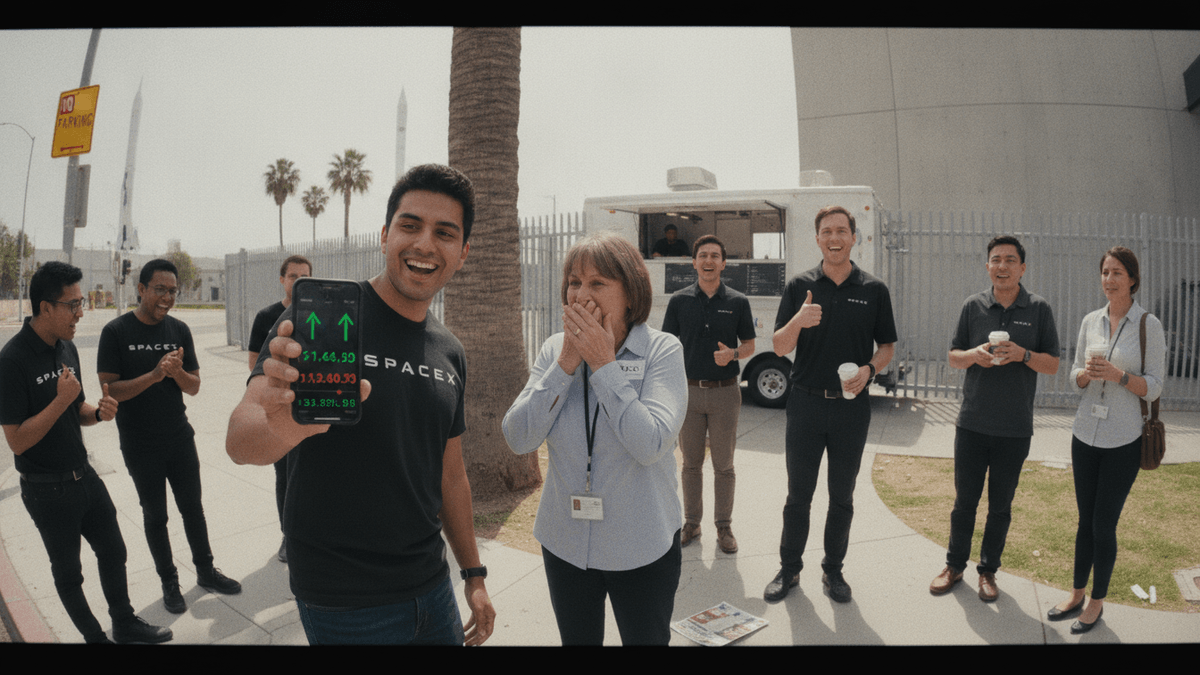 A group of SpaceX employees reacting with excitement on a sidewalk, one holding up a phone displaying stock figures.