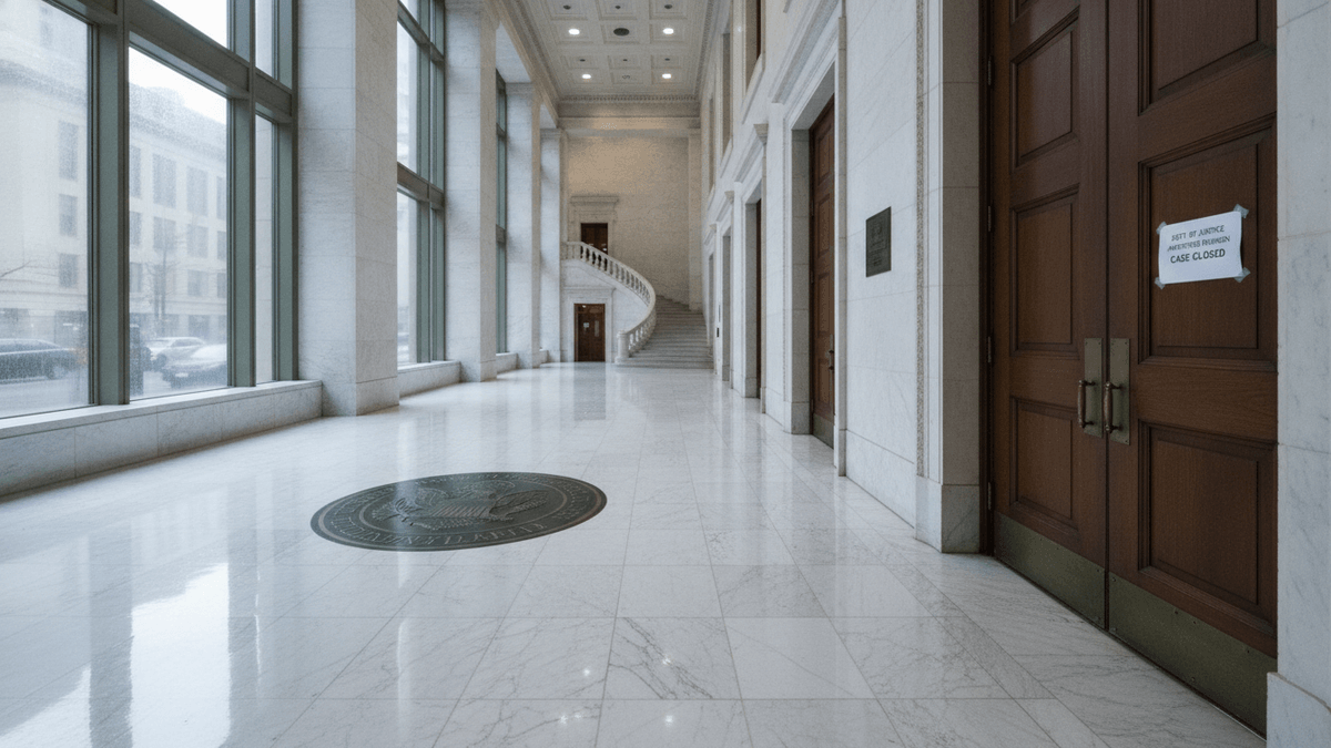 Wide shot of a grand, empty hallway inside a federal building, with tall windows on the left and closed wooden doors on the right.