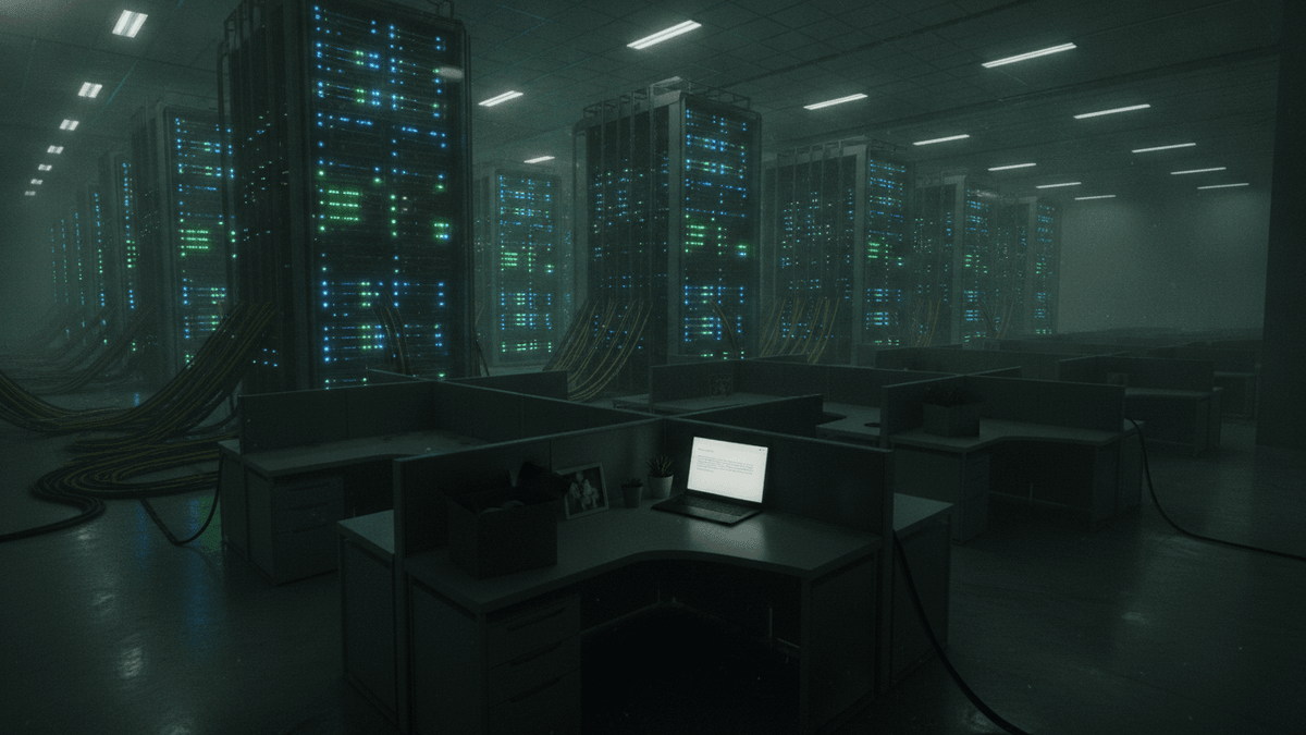 A dimly lit server room with rows of glowing server racks and several empty office cubicles.