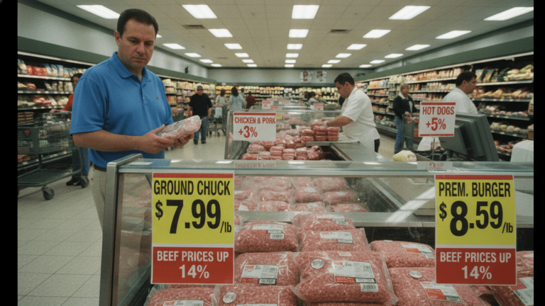 A man in a blue polo shirt holds a package of meat, looking down at the ground chuck display in a grocery store.