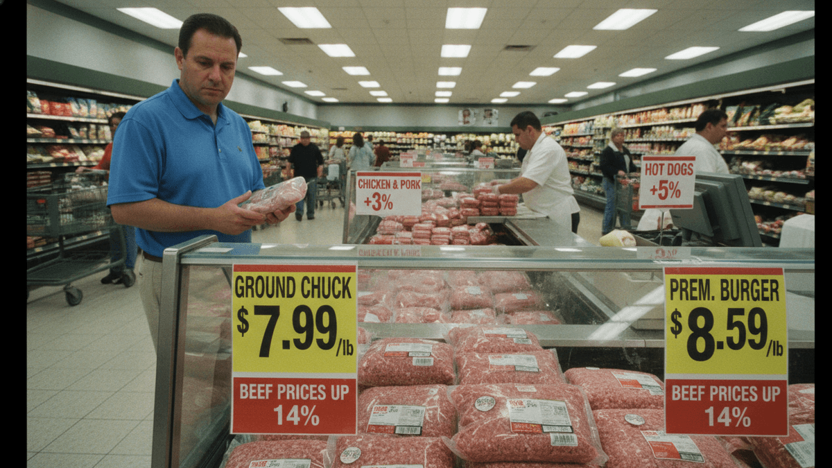 A man in a blue polo shirt holds a package of meat, looking down at the ground chuck display in a grocery store.