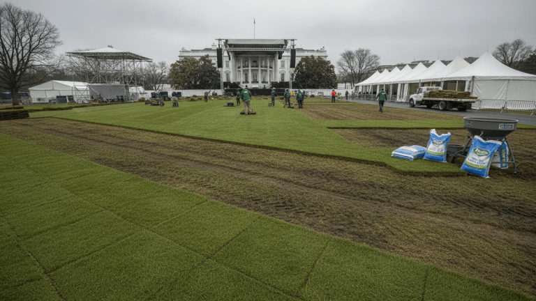 A wide shot of the White House South Lawn showing workers laying strips of new sod with the Executive Residence in the background.