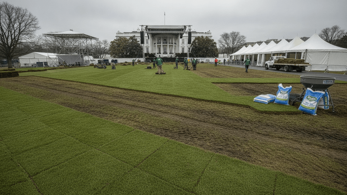 A wide shot of the White House South Lawn showing workers laying strips of new sod with the Executive Residence in the background.