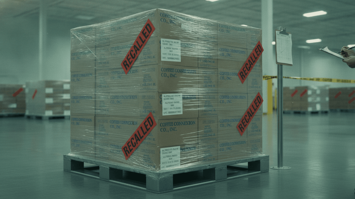 A shrink-wrapped pallet stacked with cardboard boxes labeled "Coffee Connexion Co. Inc." and multiple red "RECALLED" stamps.