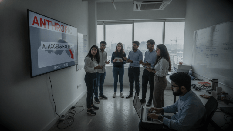 A group of six Indian tech professionals stands in an office, looking at a large wall-mounted screen displaying "ANTHROPIC AI ACCESS HALTED... JUNE 13, 2026". One person sits at a desk with a laptop.
