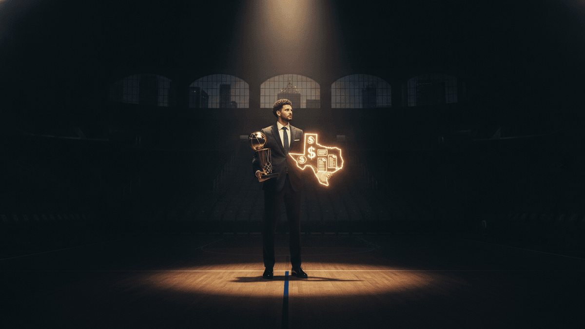 A man in a suit stands on a basketball court, holding a trophy and a glowing outline of Texas filled with dollar signs.