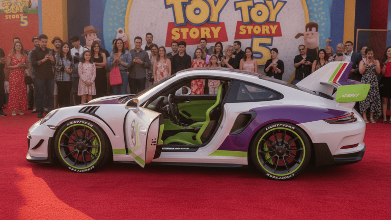 A white, green, and purple Porsche 911 GT3 RS with an open door sits on a red carpet. A crowd stands behind it.