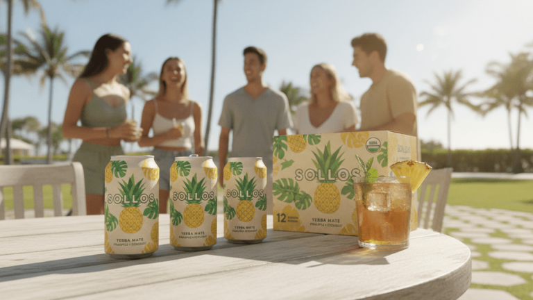 Three cans of Sollos Yerba Mate, a 12-pack box, and a glass of the drink on a wooden table outdoors.