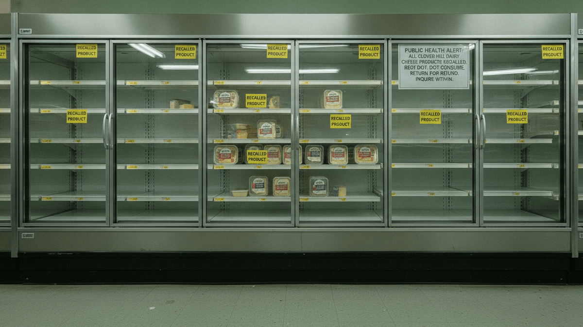 A wide shot of a mostly empty refrigerated dairy case in a grocery store. Several "RECALLED PRODUCT" signs are visible.