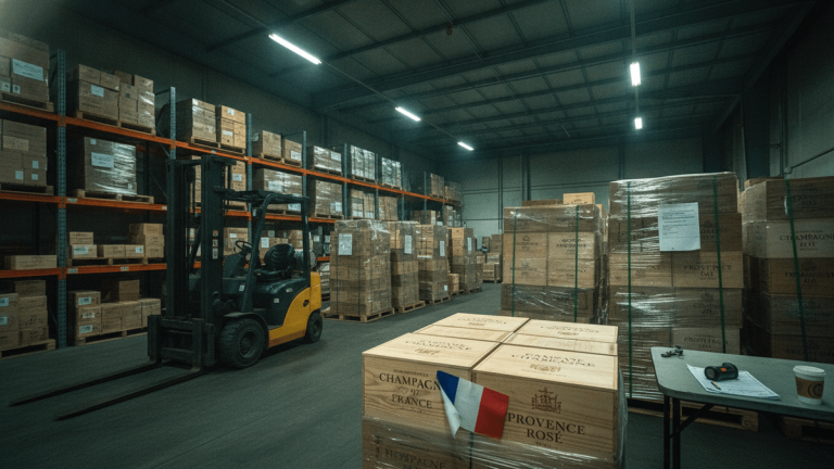 A yellow forklift sits idle in a warehouse aisle filled with stacked wooden crates and cardboard boxes of French wine.