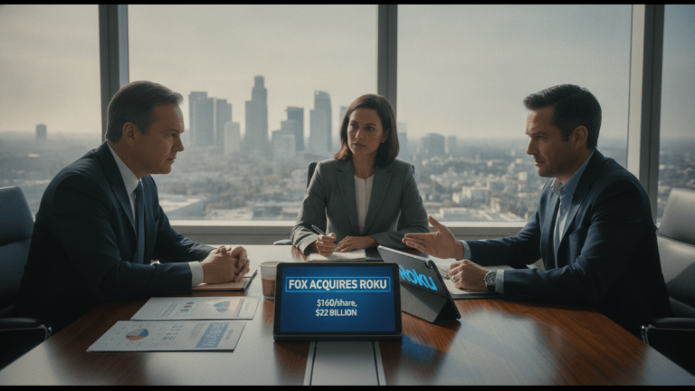 Three business people seated at a conference table in front of a window overlooking a city skyline. A tablet displays "FOX ACQUIRES ROKU".