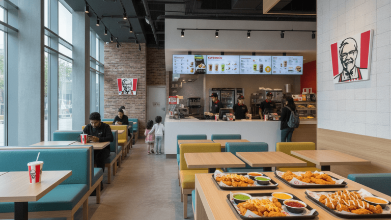 An interior shot of a modern KFC restaurant with teal and yellow booth seating, customers, staff, and food trays.