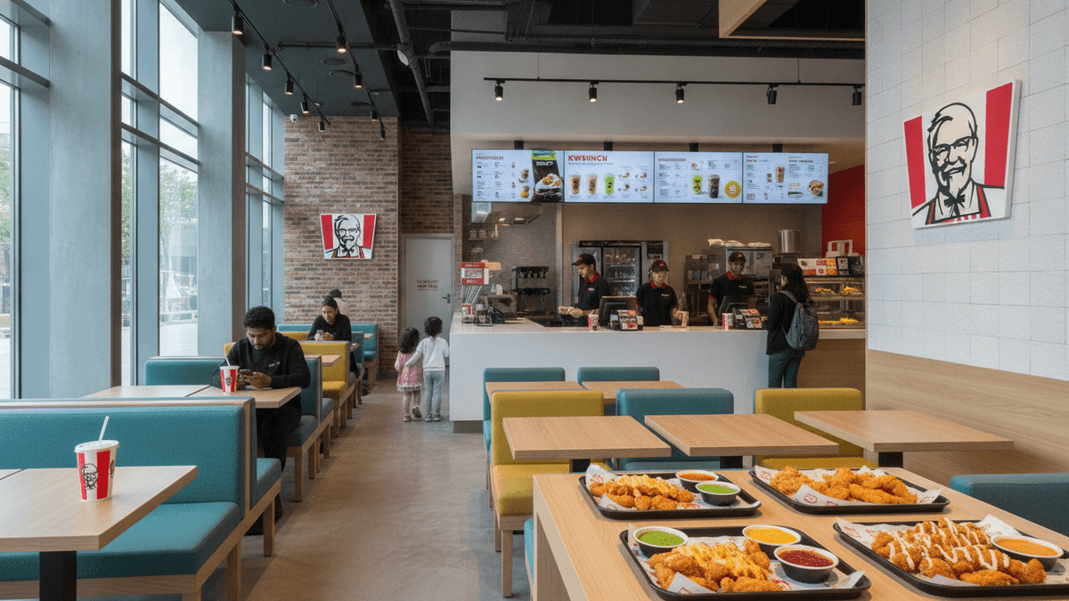 An interior shot of a modern KFC restaurant with teal and yellow booth seating, customers, staff, and food trays.