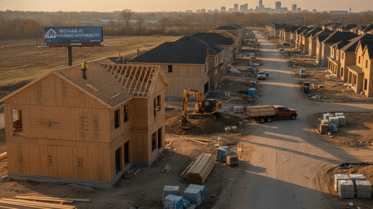 An aerial shot of a residential development under construction, with several framed houses and some with completed exteriors.