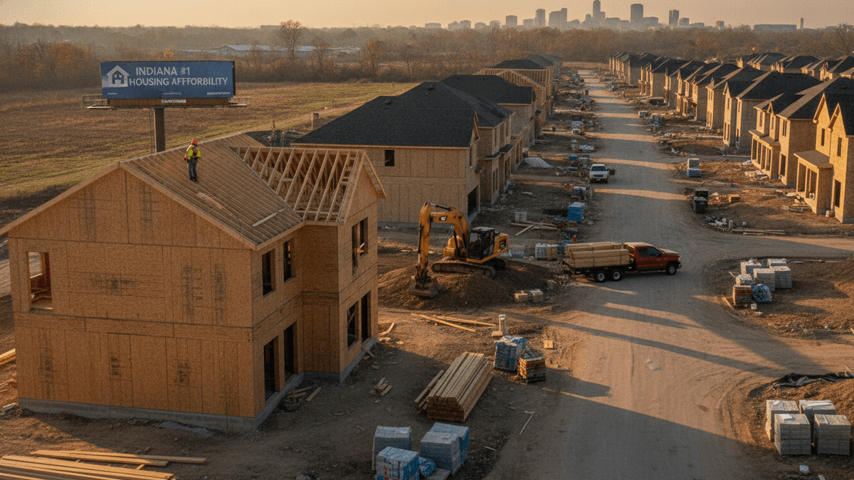 An aerial shot of a residential development under construction, with several framed houses and some with completed exteriors.