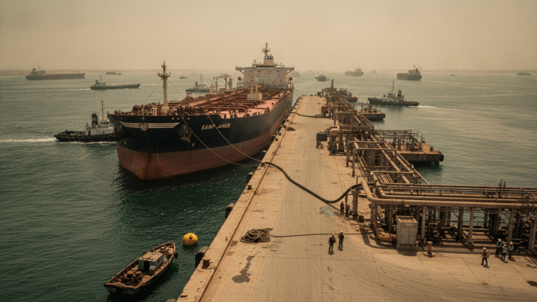 An aerial view of a large oil tanker docked at an industrial pier under hazy daylight, with smaller tugboats.
