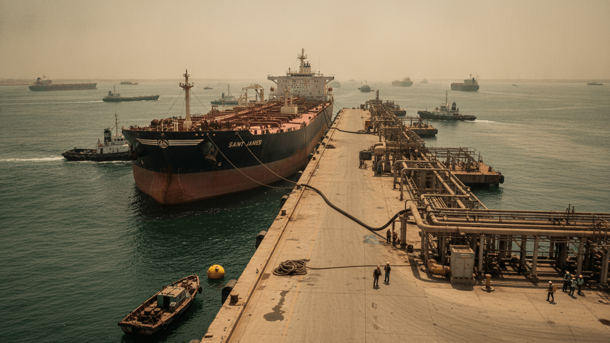An aerial view of a large oil tanker docked at an industrial pier under hazy daylight, with smaller tugboats.
