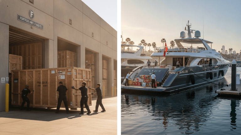 Split image showing two scenes: on the left, four men push a large wooden crate into a commercial storage facility; on the right, several people load provisions onto a luxury yacht docked in a harbor, with palm trees and other boats in the background under clear skies.