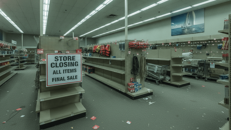 An interior shot of a West Marine store during a closing sale, with mostly empty shelves and a "STORE CLOSING" sign.
