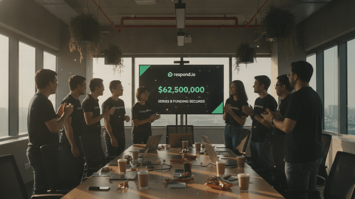 A group of ten people stand in a modern conference room, clapping, facing a large screen displaying "$62,500,000 Series B Funding Secured" for respond.io.