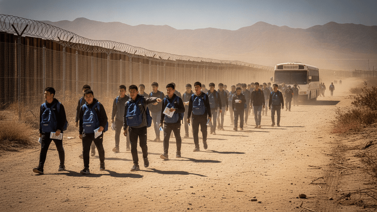 A group of young men in dark clothing and backpacks walk on a dusty path next to a border fence with razor wire, a bus in the background.