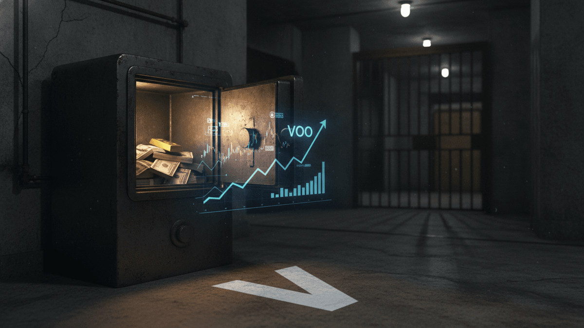 An open, dark metal safe in a concrete vault with stacks of US currency and gold bars inside, glowing with a holographic financial chart and "VOO" ticker.