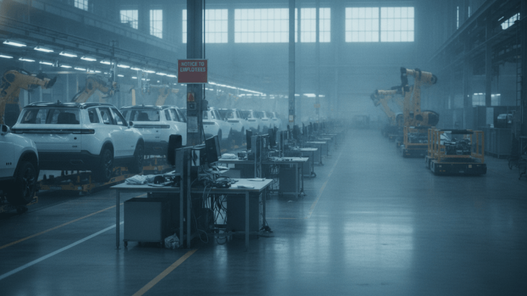 An interior view of a modern electric vehicle assembly plant with numerous white vehicles on the line. Desks are visible in the foreground.