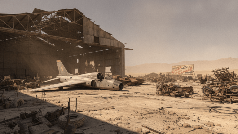 An ultra-realistic photograph shows a desolate, sun-baked desert landscape with the remains of an Iranian airfield. In the foreground, a heavily damaged fighter jet lies on the dusty ground, its fuselage broken and engines exposed. To its right, scattered military vehicle parts and debris litter the scene. A dilapidated hangar with a partially collapsed roof stands to the left, casting long shadows. In the distance, a large, faded billboard with Farsi text is visible against the hazy mountains.