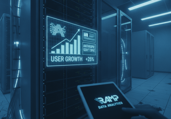 A person holds a tablet displaying "RAMP DATA ANALYTICS" in a dimly lit server room with rows of racks. A holographic chart shows "USER GROWTH +25%" and "ANTHROPIC GOV'T SPAT."